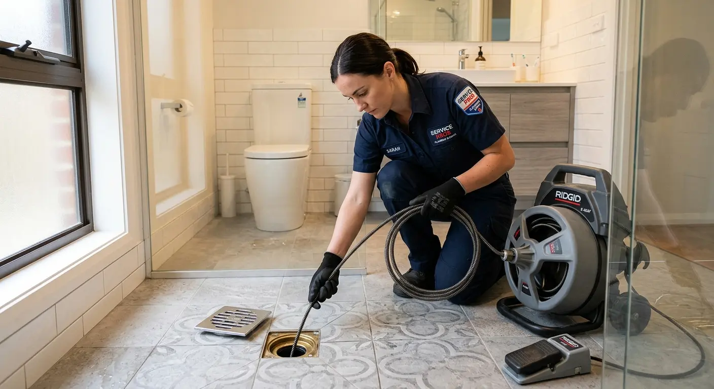 Technician clearing a bathroom floor drain for Drain Cleaning in Sherwood
